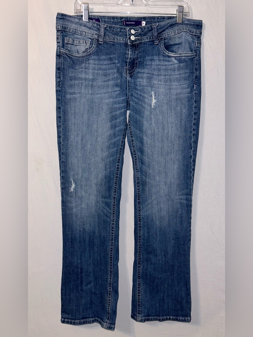 Vigoss the New York Mid-Rise Distressed Bootcut Jeans 13 hems worn